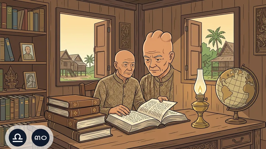 นักปราชญ์สูงวัยศีรษะล้านที่กระหม่อมนูนขึ้นเป็นสามลูก นั่งอ่านตำราเล่มหนา