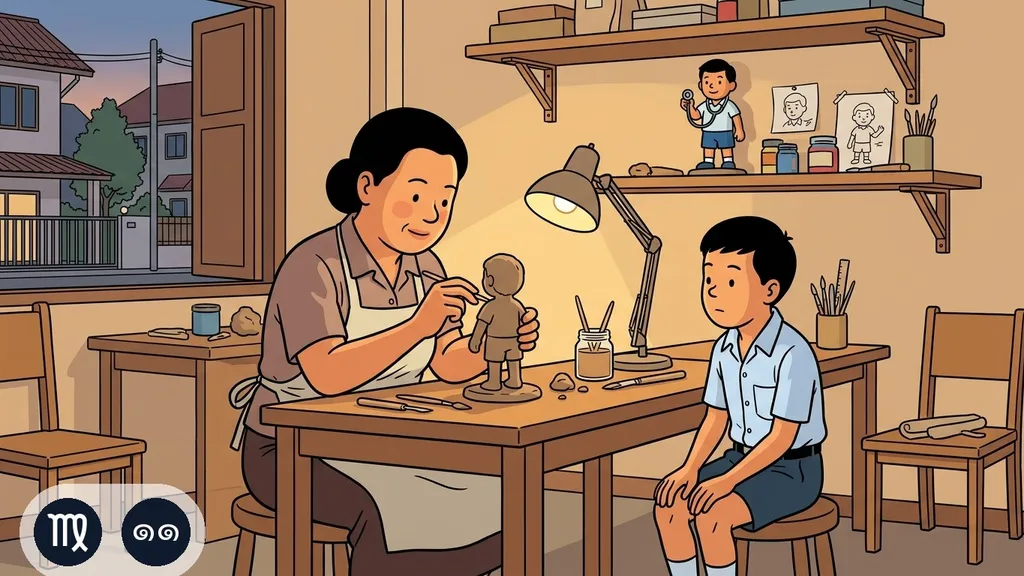 ช่างปั้นกำลังปั้นหุ่นดินตัวเล็กจากเด็กที่นั่งเป็นแบบอยู่ตรงหน้า