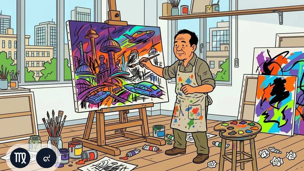 จิตรกรวาดภาพเมืองในอนาคตด้วยสีสดบนผืนผ้าใบใหญ่ในห้องทำงาน